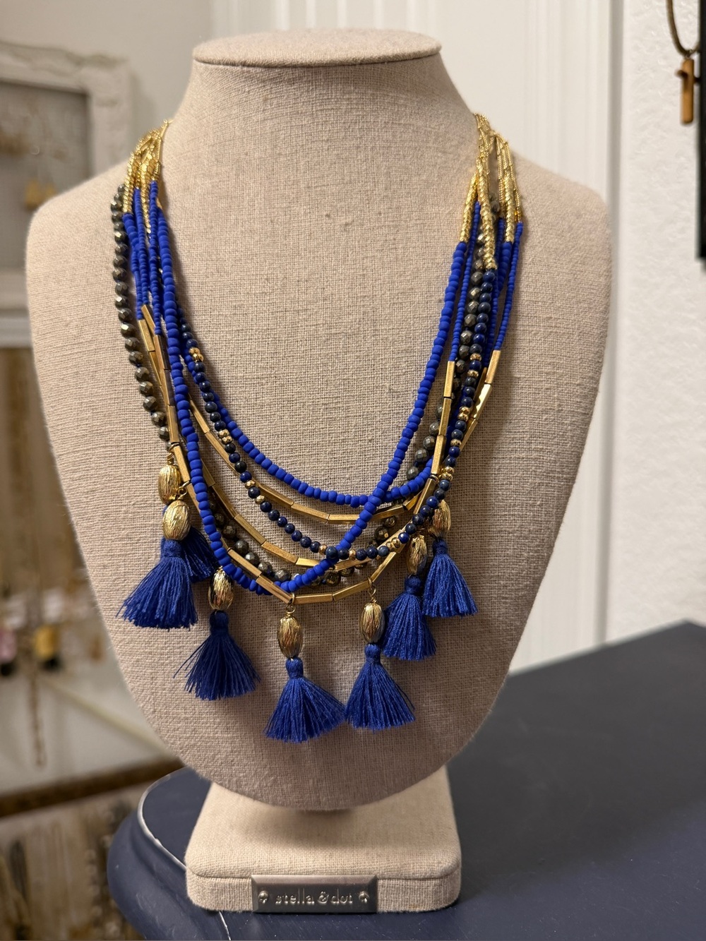 Stella & Dot Tulum Royal Blue and Gold Tassel Necklace - Retired vintage